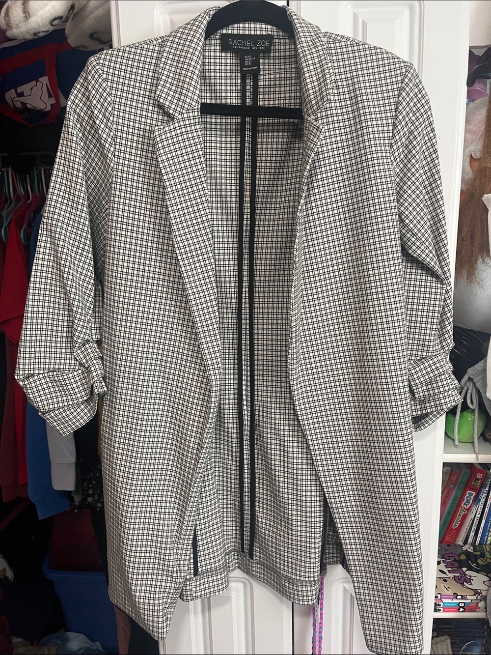Rachel Zoe Black and White Long Checked Open-Front Blazer